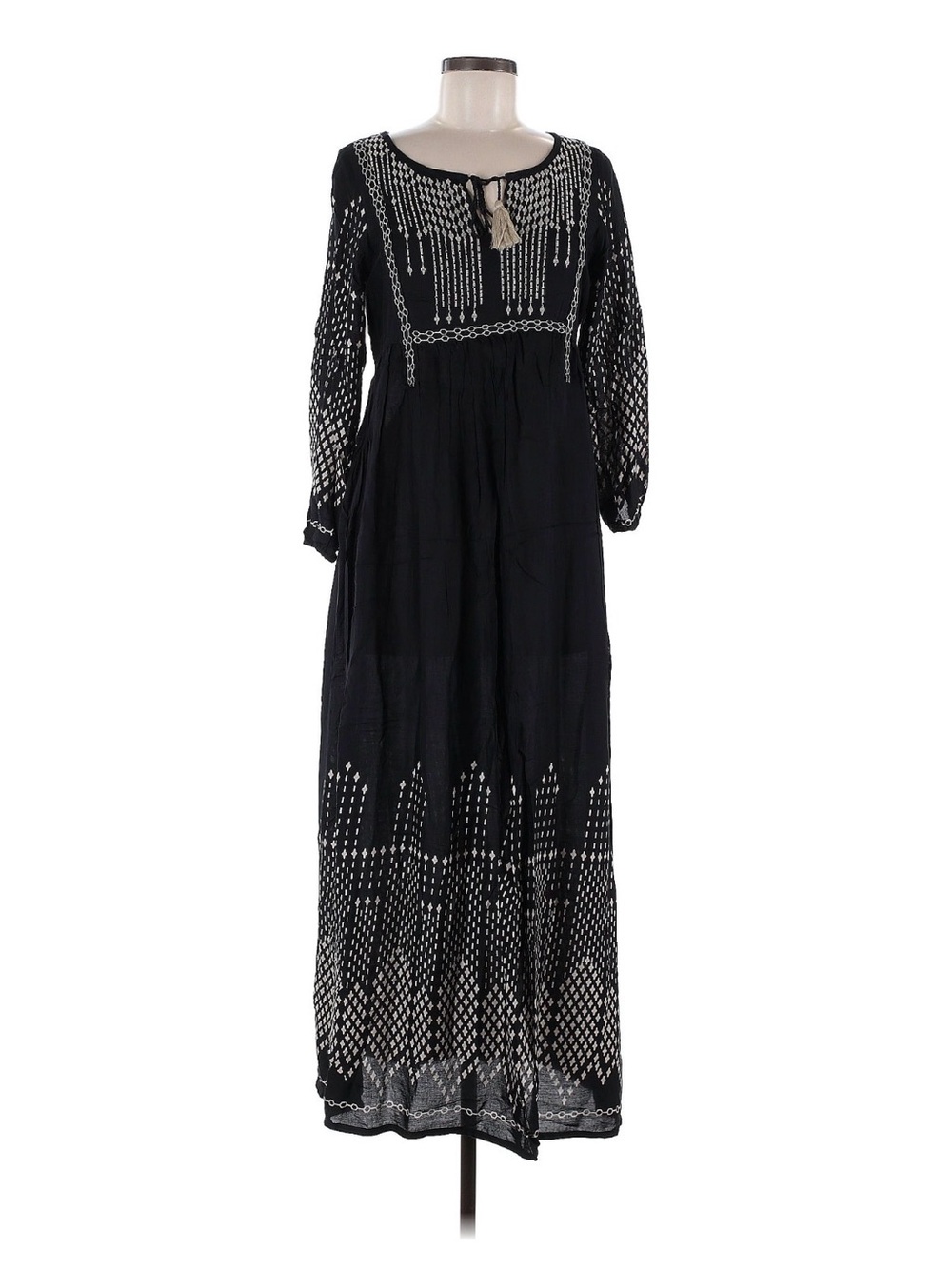 World Market Black Maxi Dress with White Embroidery and Tassel Accent S / M